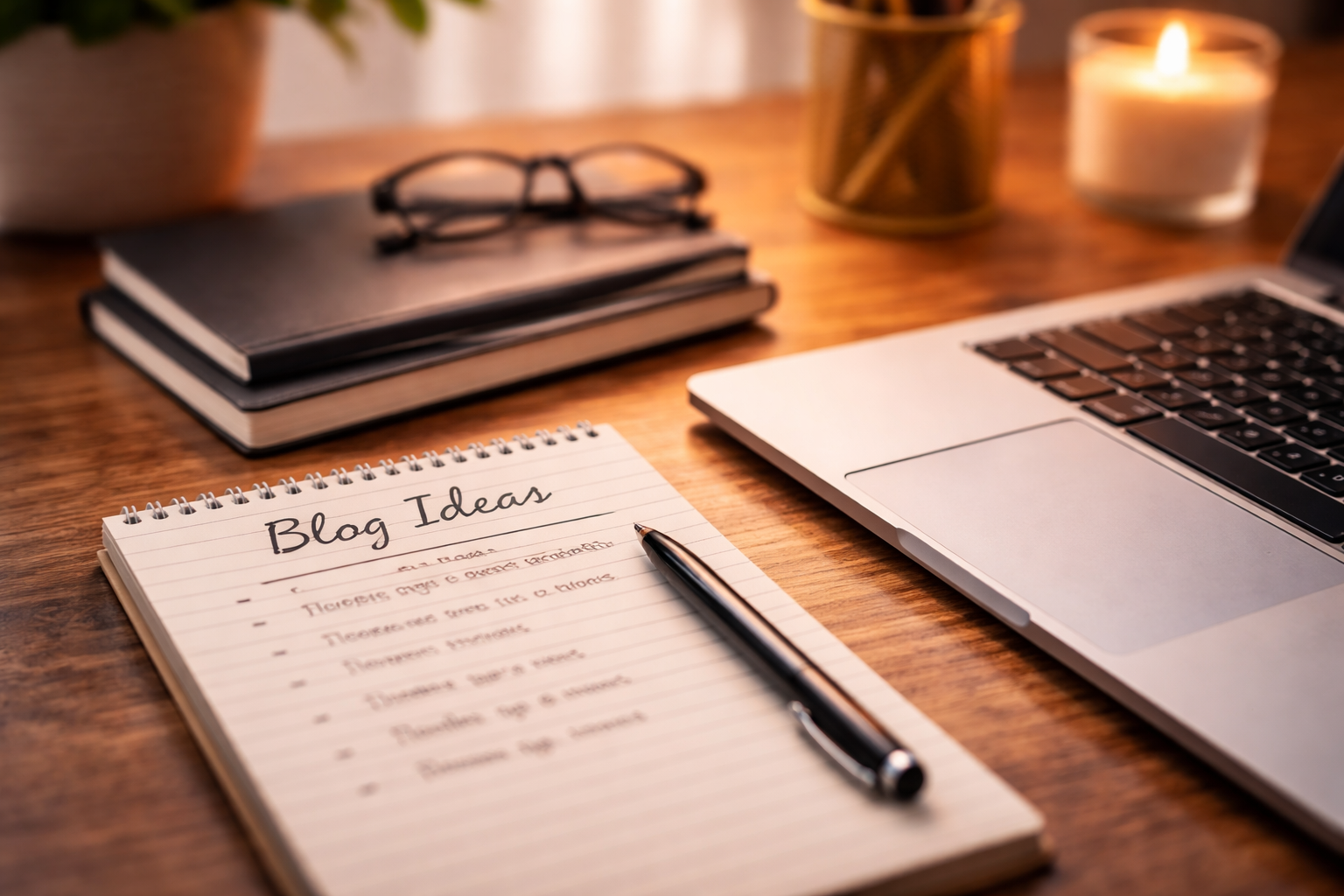 Notebook with blog ideas next to a laptop representing strategic SEO blogging and content planning for service businesses.